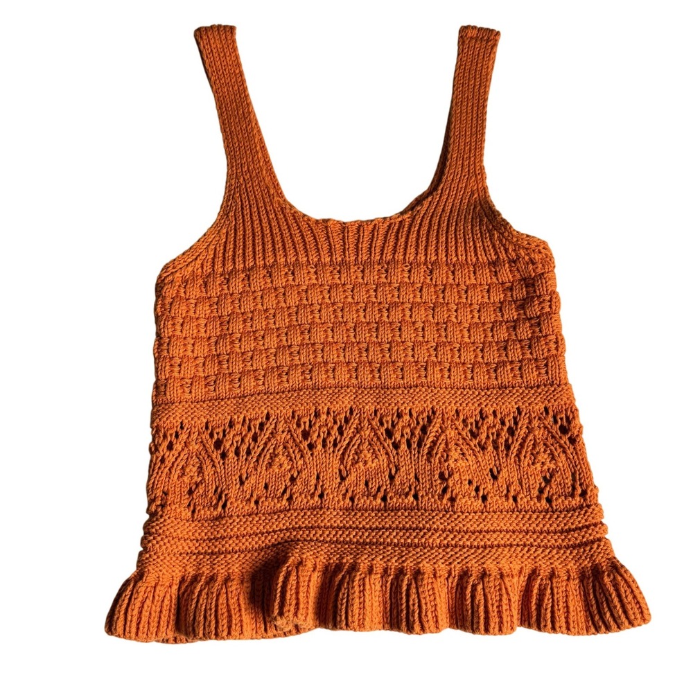 Broadway 38 Burnt Orange Cotton Pointelle Knit Ruffle Tank Top Womens Small